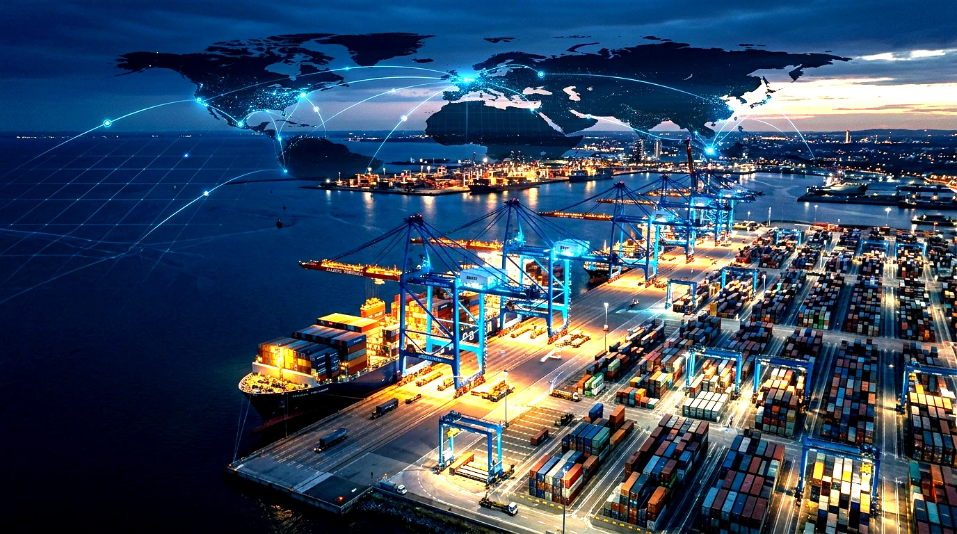 Global trade connections above an international container port
